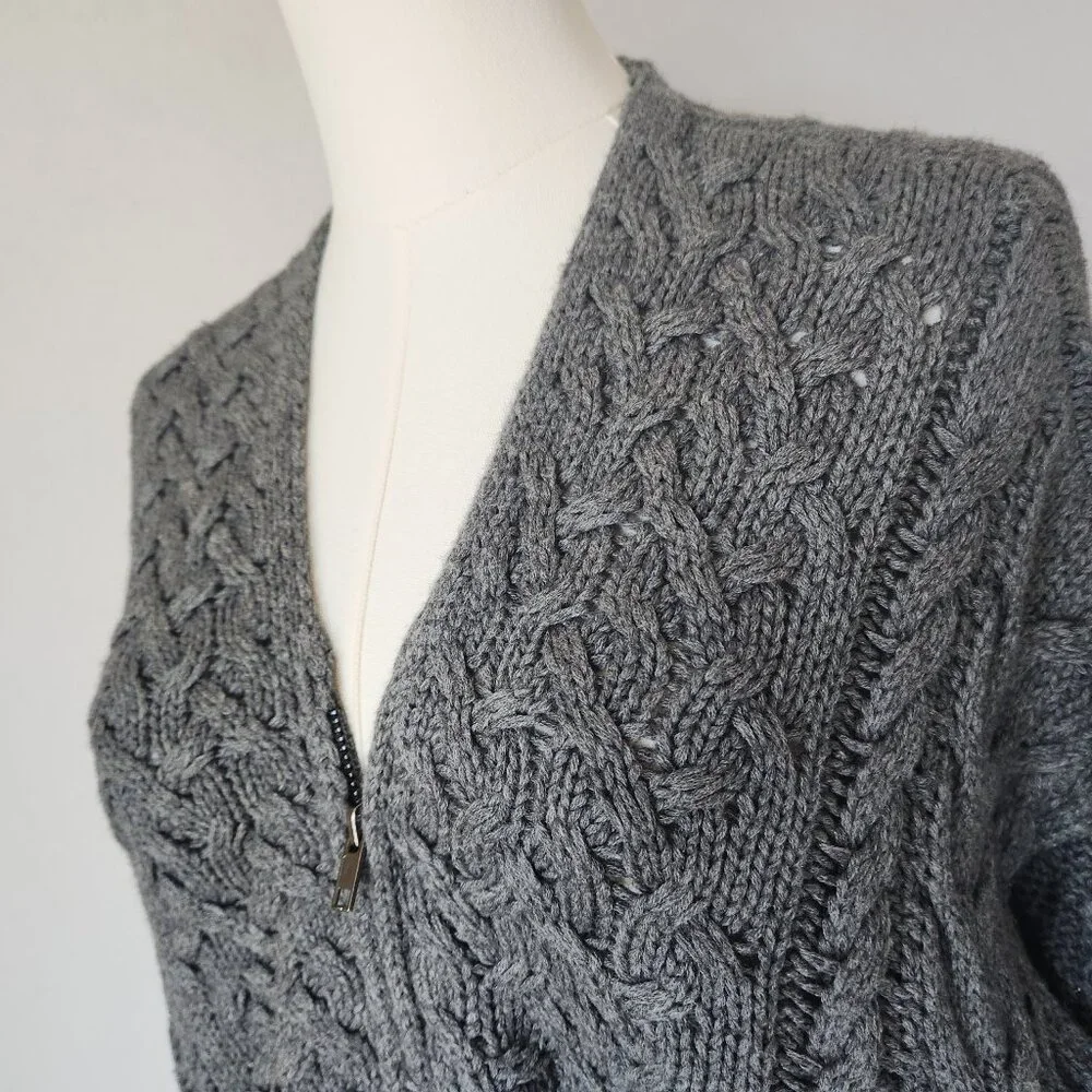 VINCE Cable-Knit Zip-Up Poncho Cape Sweater Side-Zipper Cotton Wool Cashmere